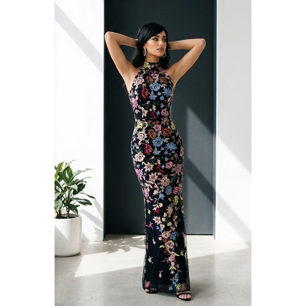 Lulus Black 2 Button Halter 3D Floral Embroidered Infinite Praise Maxi Dress L - Picture 4 of 13